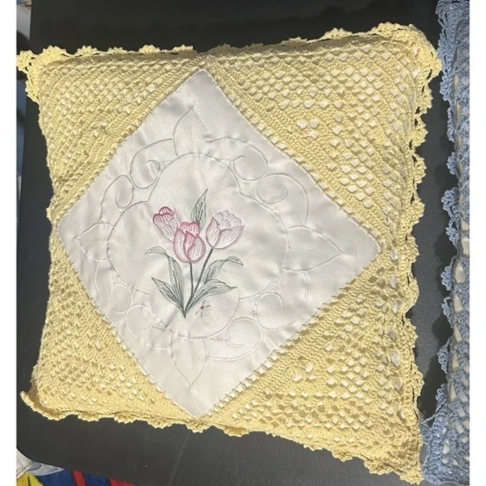 2-PC Vintage Crocheted Embroidered Handmade Pillows Flower Design Blue &‎ Yellow